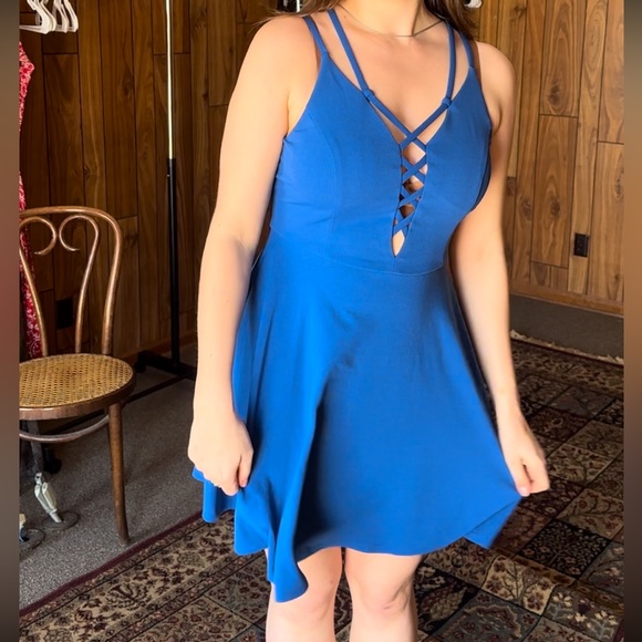 Royal Blue Cocktail Dress Plunging Neckline Fun Straps - Picture 2 of 8